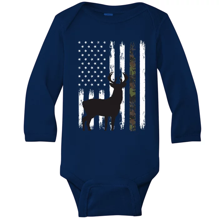 Whitetail Deer Hunting Hunter Gifts Buck Camo American Flag Baby Long Sleeve Bodysuit