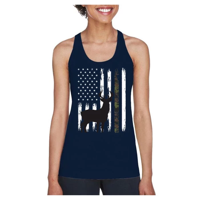 Whitetail Deer Hunting Hunter Gifts Buck Camo American Flag Women's Racerback Tank