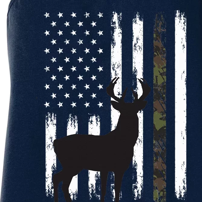 Whitetail Deer Hunting Hunter Gifts Buck Camo American Flag Women's Racerback Tank