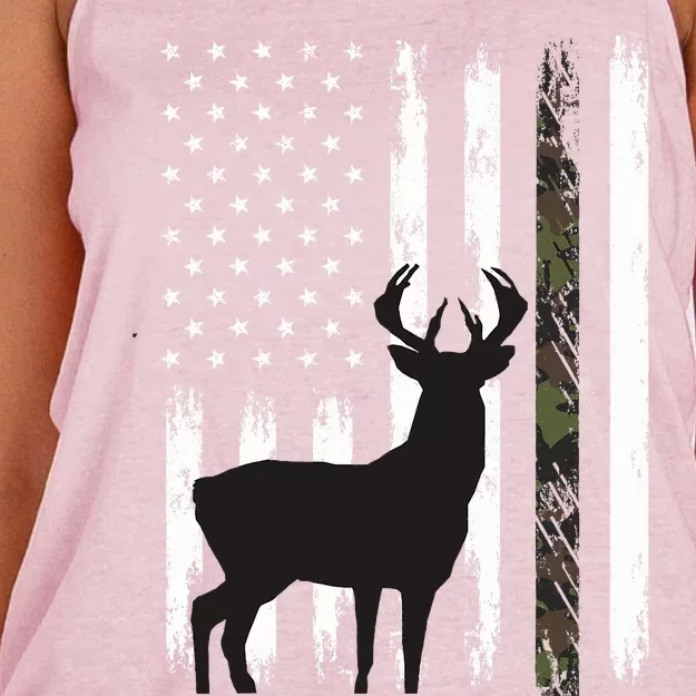 Whitetail Deer Hunting Hunter Gifts Buck Camo American Flag Women's Knotted Racerback Tank