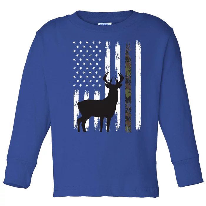 Whitetail Deer Hunting Hunter Gifts Buck Camo American Flag Toddler Long Sleeve Shirt