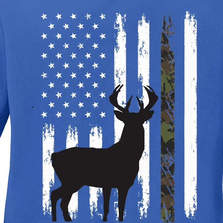 Whitetail Deer Hunting Hunter Gifts Buck Camo American Flag Ladies Long Sleeve Shirt