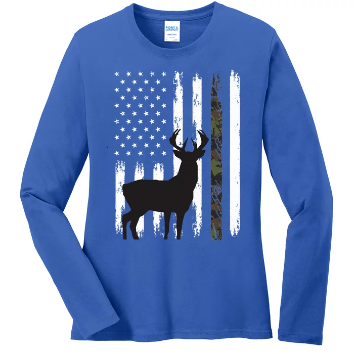 Whitetail Deer Hunting Hunter Gifts Buck Camo American Flag Ladies Long Sleeve Shirt