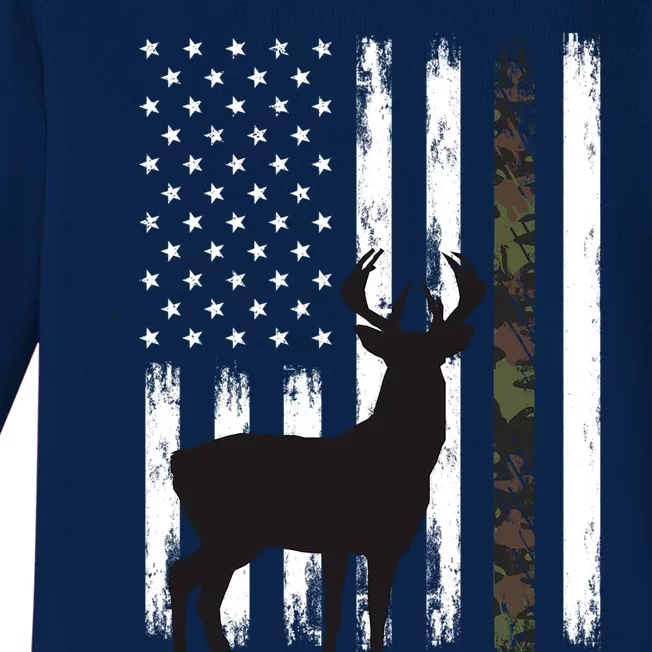 Whitetail Deer Hunting Hunter Funny Gift Buck Camo American Flag Great Gift Baby Long Sleeve Bodysuit