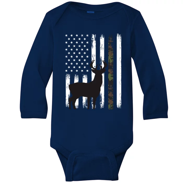 Whitetail Deer Hunting Hunter Funny Gift Buck Camo American Flag Great Gift Baby Long Sleeve Bodysuit