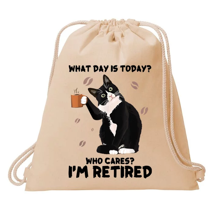 What Day Is Today Who Cares I'm Retired Cat Coffee Lovers Drawstring Bag