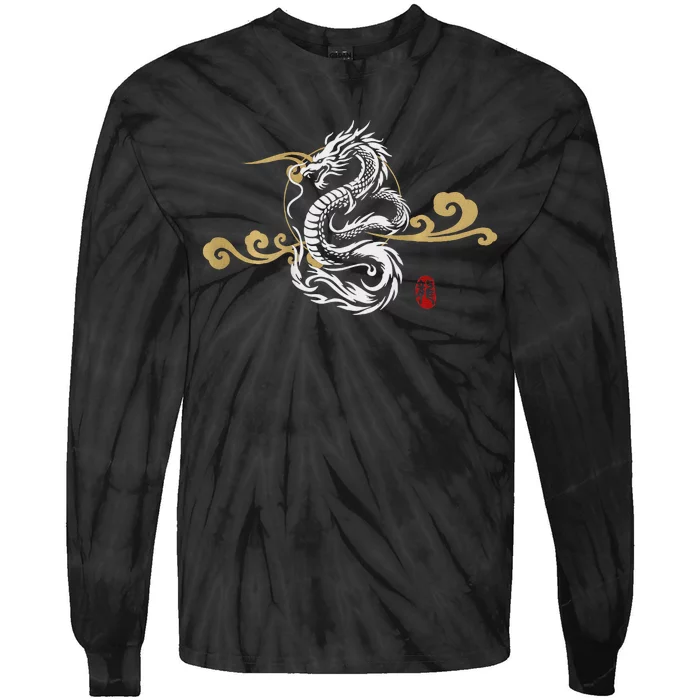 White Dragon Japanese Culture Good Luck Design Tie-Dye Long Sleeve Shirt