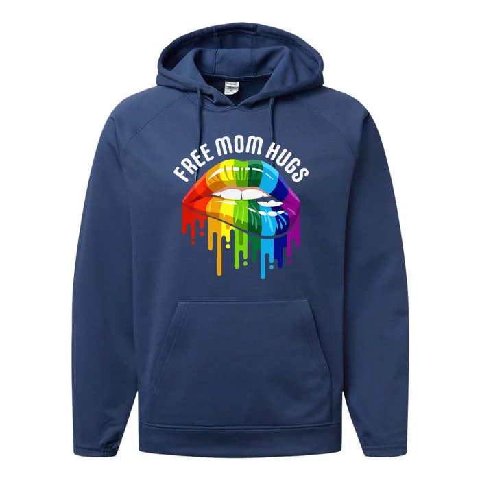 Womens Dripping Lips Rainbow LGBTQ Mother FREE MOM HUGS Performance Fleece Hoodie