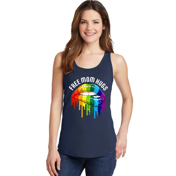 Womens Dripping Lips Rainbow LGBTQ Mother FREE MOM HUGS Ladies Essential Tank