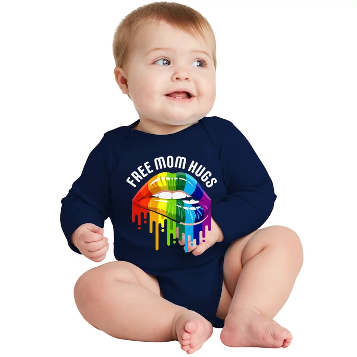 Womens Dripping Lips Rainbow LGBTQ Mother FREE MOM HUGS Baby Long Sleeve Bodysuit