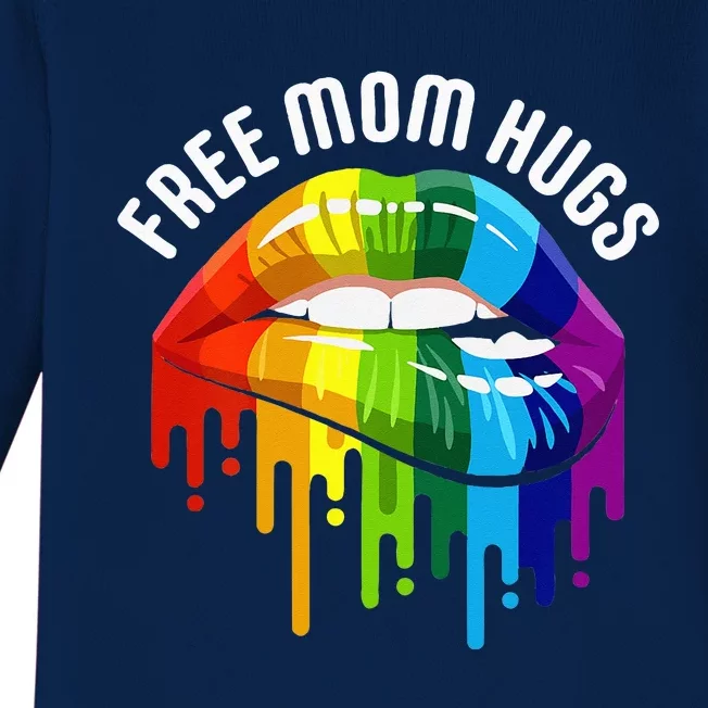 Womens Dripping Lips Rainbow LGBTQ Mother FREE MOM HUGS Baby Long Sleeve Bodysuit