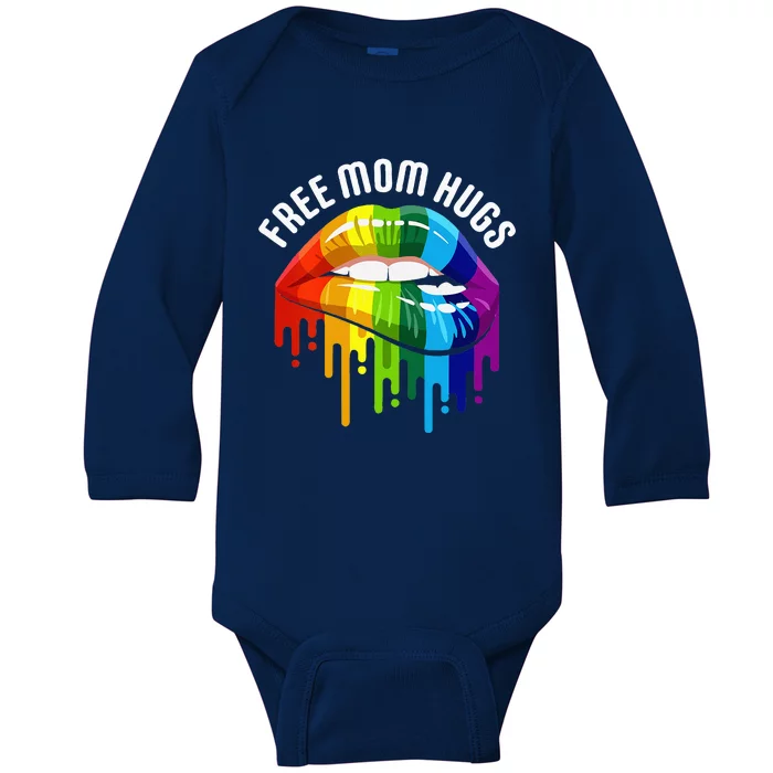 Womens Dripping Lips Rainbow LGBTQ Mother FREE MOM HUGS Baby Long Sleeve Bodysuit