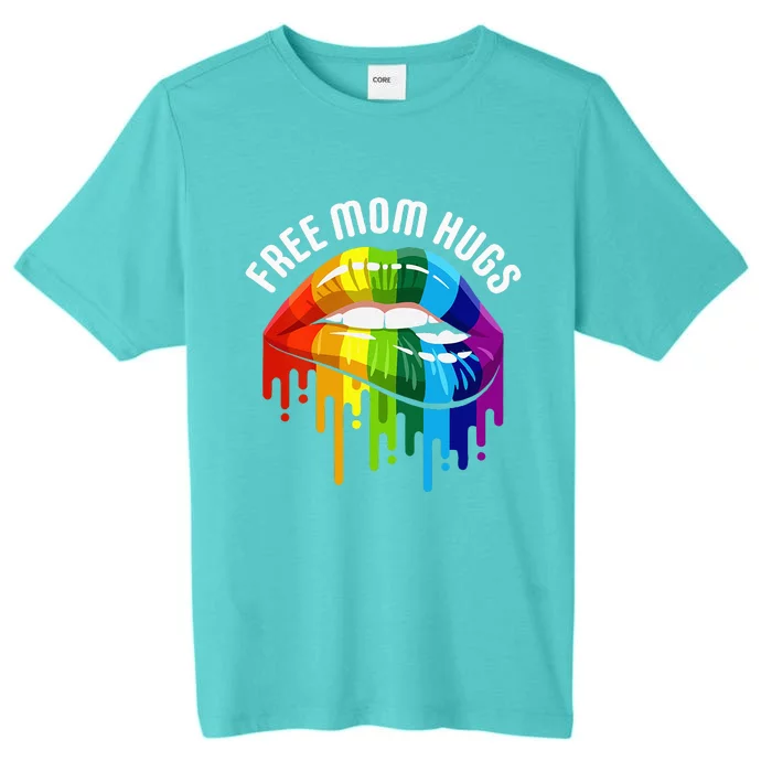 Womens Dripping Lips Rainbow LGBTQ Mother FREE MOM HUGS ChromaSoft Performance T-Shirt