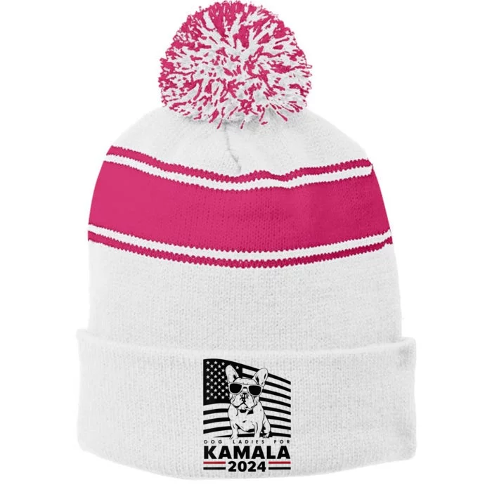 Wo Dog Ladies For Kamala Harris 2024 Funny Election Graphic Vneck Stripe Pom Pom Beanie