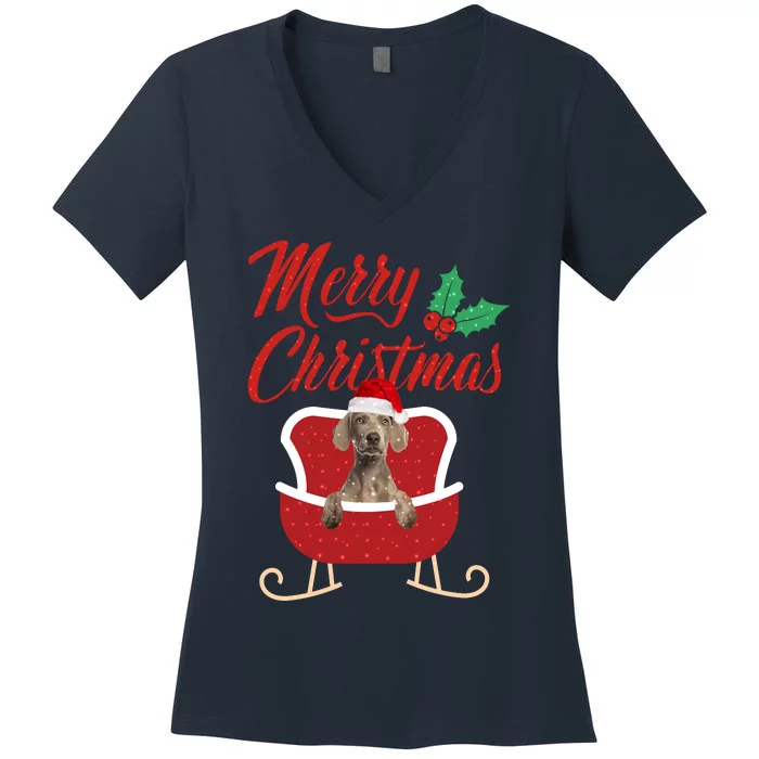 Weimaraner Dog Merry Christmas Design For The Holiday Season! Women's V-Neck T-Shirt