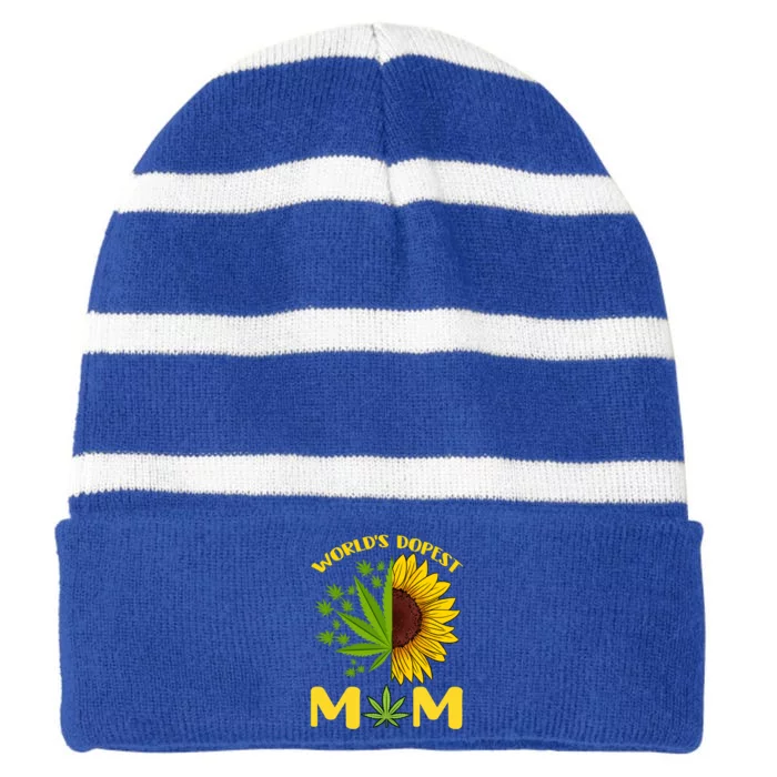 World's Dopest Mom Weed Marijuana Cannabis Weed Mother's Day Gift Striped Beanie with Solid Band