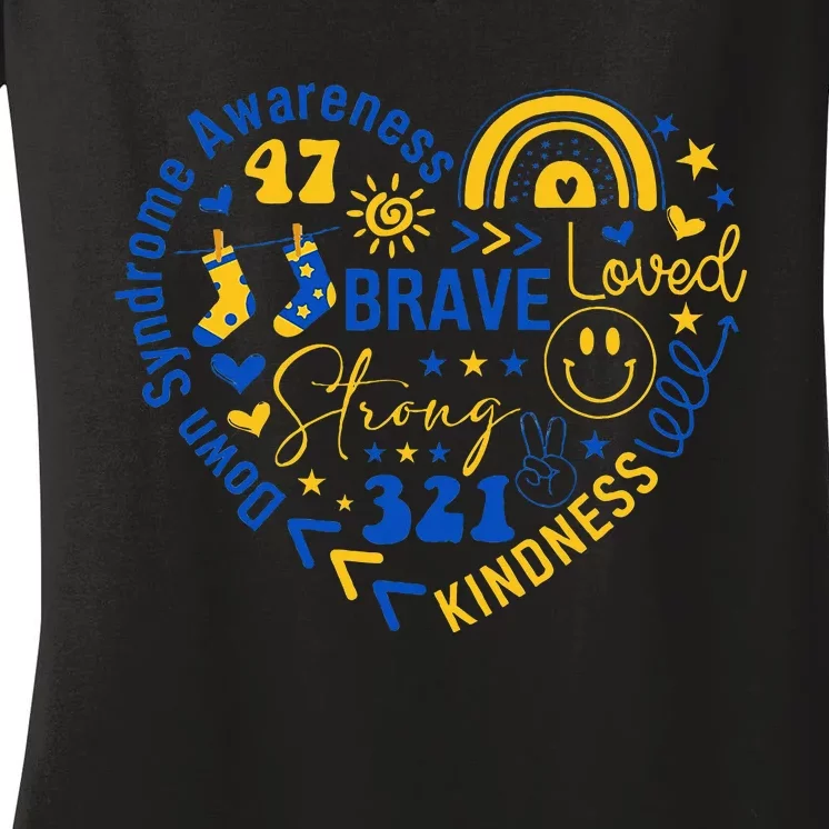 World Down Syndrome Day Awarenes 3.21 Blue And Yellow Heart Women's V-Neck T-Shirt