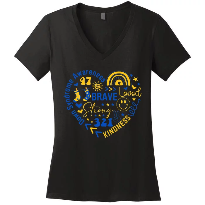 World Down Syndrome Day Awarenes 3.21 Blue And Yellow Heart Women's V-Neck T-Shirt