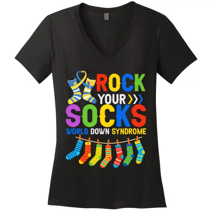 World Down Syndrome Day Awareness Rock Your Socks Women's V-Neck T-Shirt