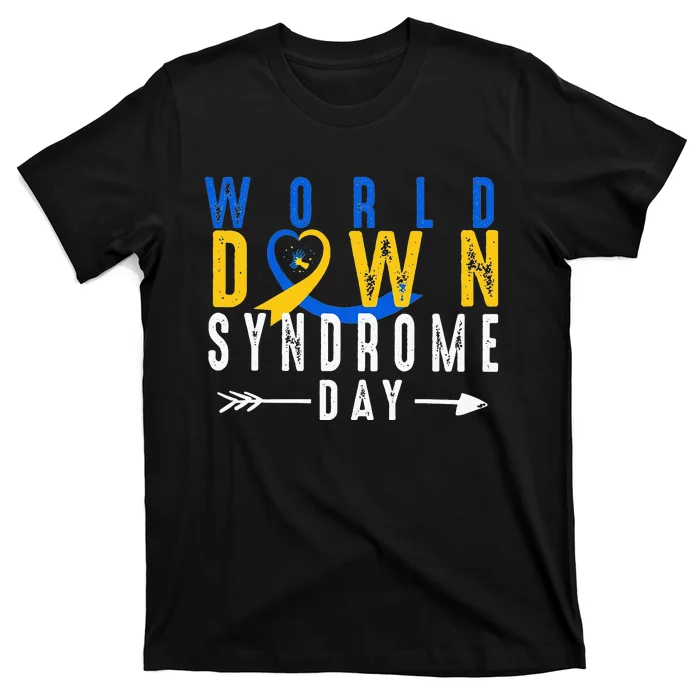 World Down Syndrome Day Ribbon Blue And Yellow Heart Hands T-Shirt