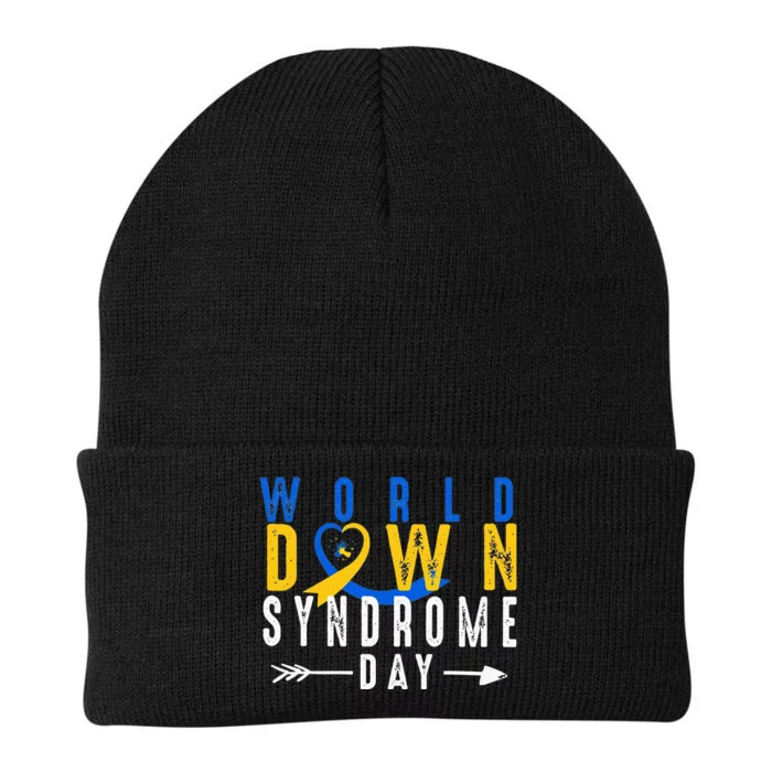 World Down Syndrome Day Ribbon Blue And Yellow Heart Hands Knit Cap Winter Beanie