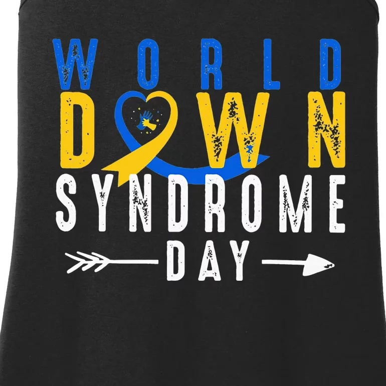 World Down Syndrome Day Ribbon Blue And Yellow Heart Hands Ladies Essential Tank