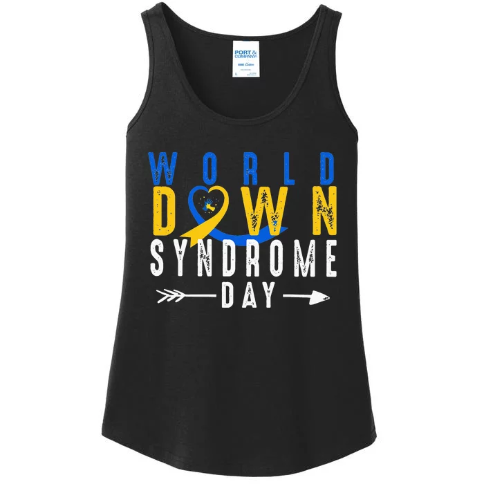 World Down Syndrome Day Ribbon Blue And Yellow Heart Hands Ladies Essential Tank