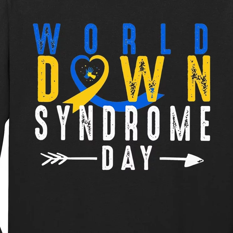 World Down Syndrome Day Ribbon Blue And Yellow Heart Hands Tall Long Sleeve T-Shirt