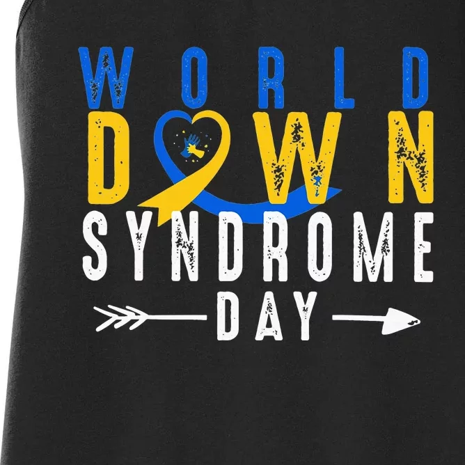 World Down Syndrome Day Ribbon Blue And Yellow Heart Hands Women's Racerback Tank