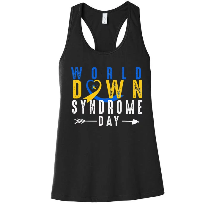 World Down Syndrome Day Ribbon Blue And Yellow Heart Hands Women's Racerback Tank