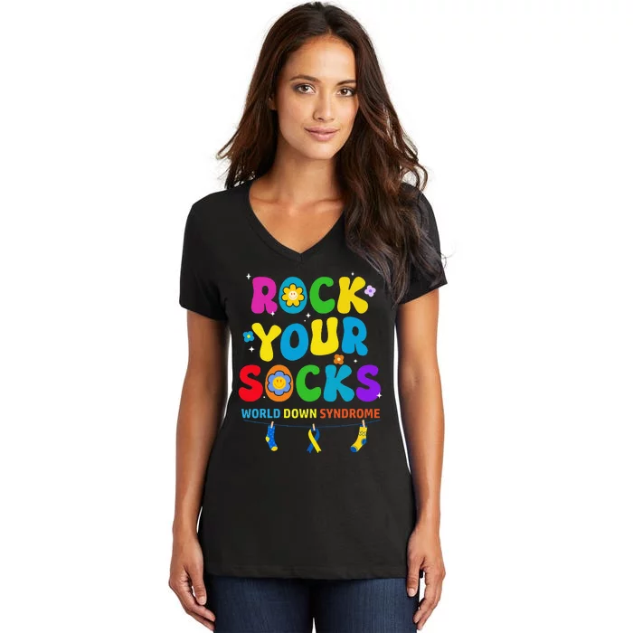 World Down Syndrome Day Rock Your Socks Awareness Women's V-Neck T-Shirt