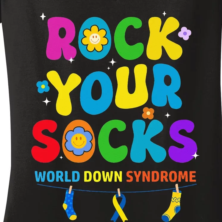 World Down Syndrome Day Rock Your Socks Awareness Women's V-Neck T-Shirt