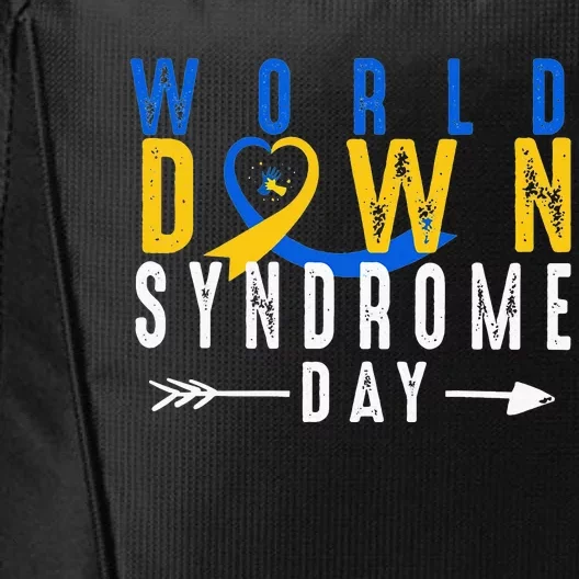 World Down Syndrome Day Ribbon Blue And Yellow Heart Hands City Backpack