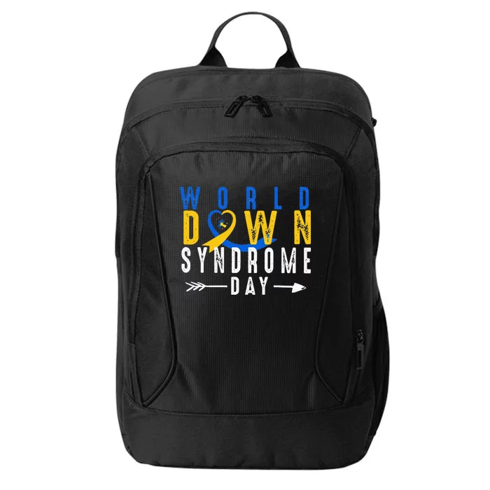 World Down Syndrome Day Ribbon Blue And Yellow Heart Hands City Backpack