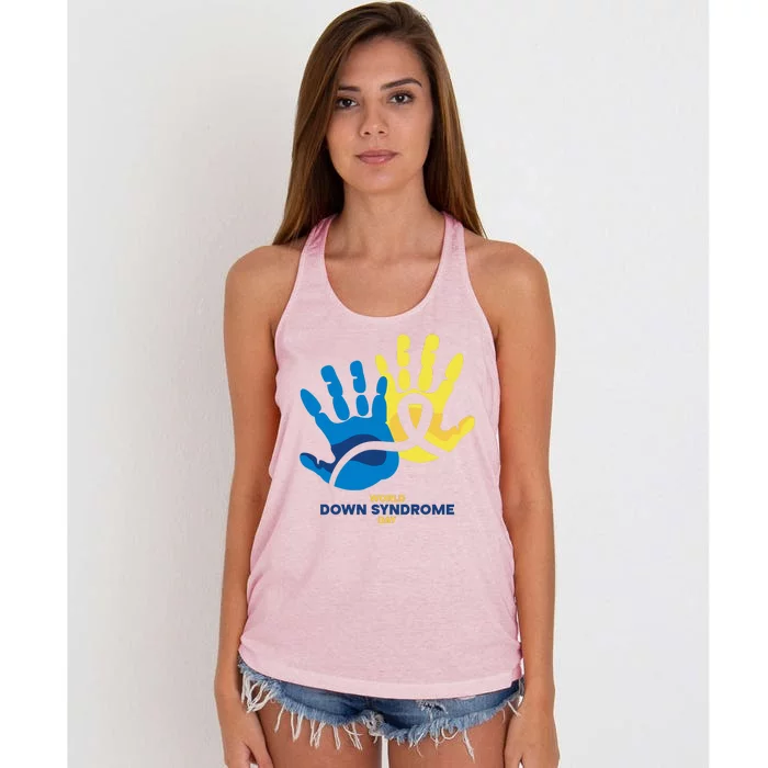 World Down Syndrome Day Handprint Awareness Women's Knotted Racerback Tank