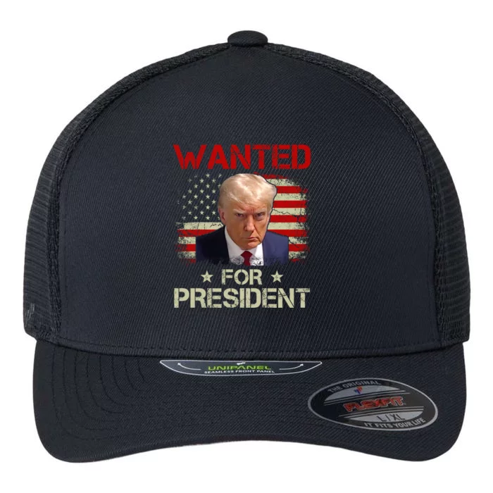 Wanted For President 2024 Donald Trump Flexfit Unipanel Trucker Cap