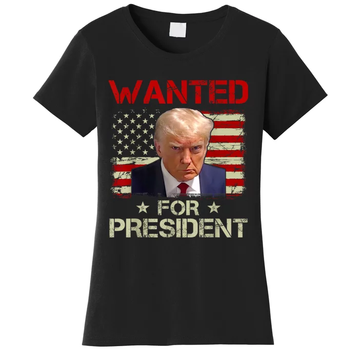 Wanted Donald Trump For President 2024 USA Flag Vintage Women's T-Shirt