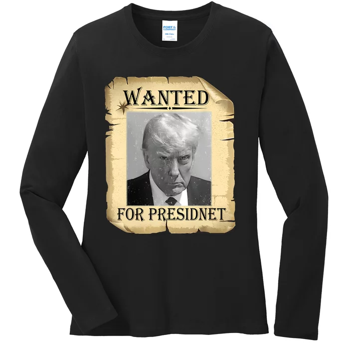 Wanted Donald Trump For President 2024 Vintage Ladies Long Sleeve Shirt