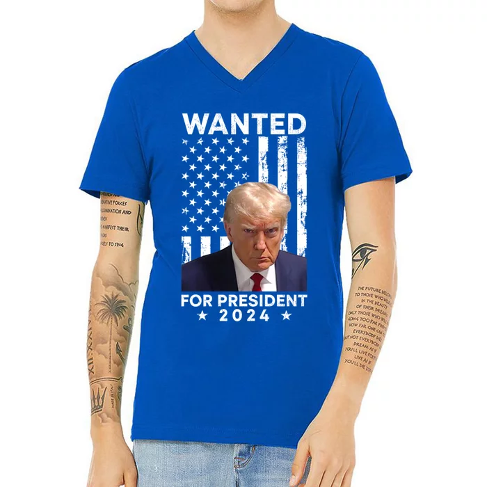 Wanted Donald Trump For President 2024 American Flag Trump Cute Gift V-Neck T-Shirt