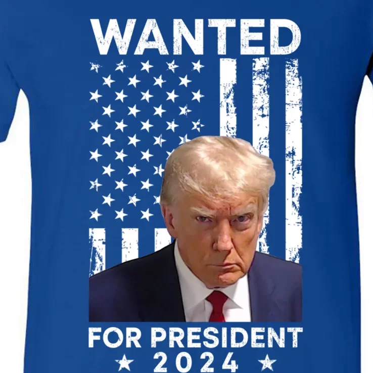 Wanted Donald Trump For President 2024 American Flag Trump Cute Gift V-Neck T-Shirt