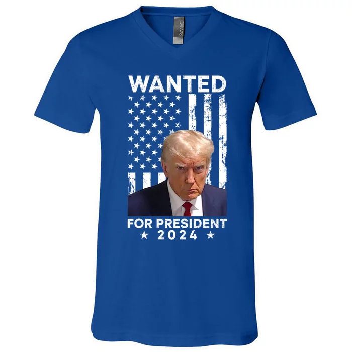 Wanted Donald Trump For President 2024 American Flag Trump Cute Gift V-Neck T-Shirt