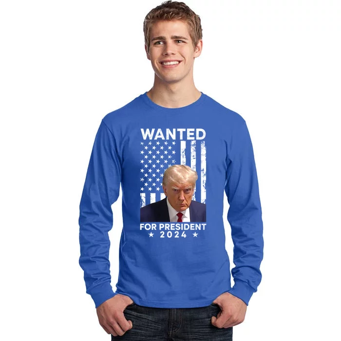 Wanted Donald Trump For President 2024 American Flag Trump Cute Gift Tall Long Sleeve T-Shirt