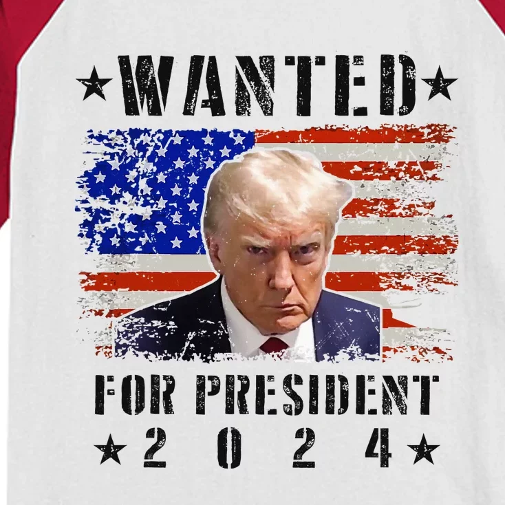 Wanted Donald Trump For President 2024 Trump Mug Shot Flag Kids Colorblock Raglan Jersey