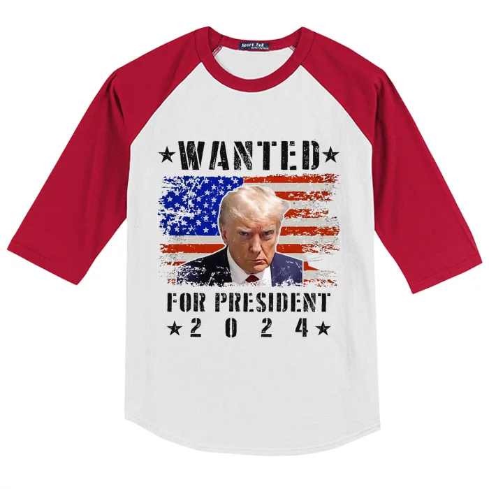 Wanted Donald Trump For President 2024 Trump Mug Shot Flag Kids Colorblock Raglan Jersey