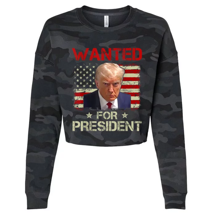 Wanted Donald Trump For President 2024 USA Flag Cropped Pullover Crew