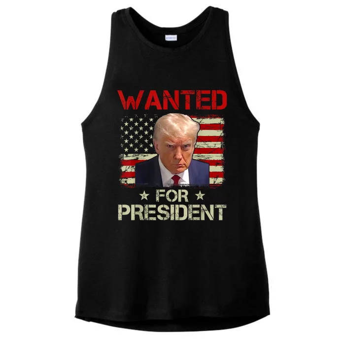 Wanted Donald Trump For President 2024 USA Flag Ladies Tri-Blend Wicking Tank