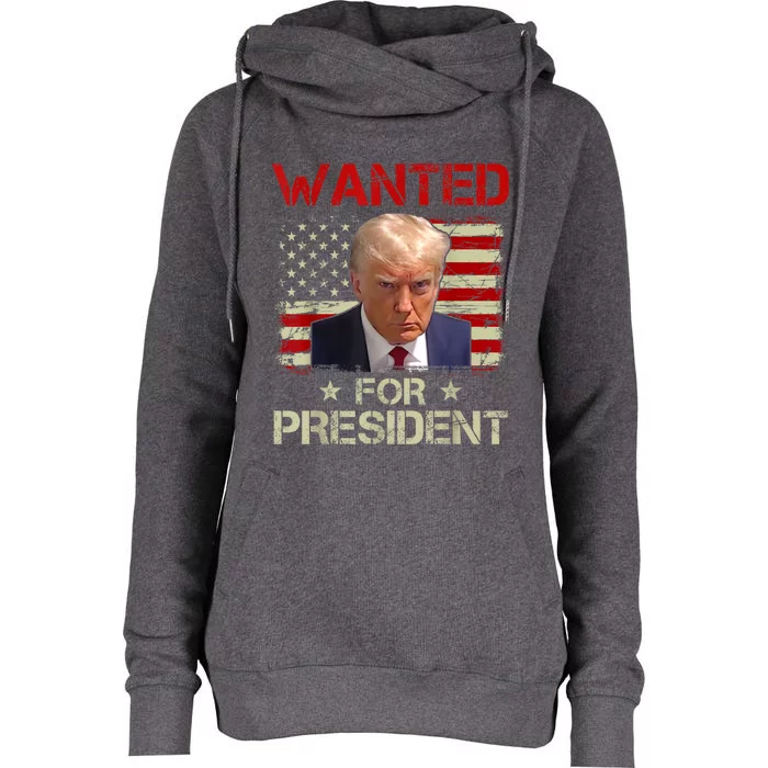 Wanted Donald Trump For President 2024 USA Flag Womens Funnel Neck Pullover Hood