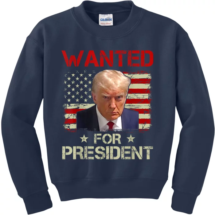 Wanted Donald Trump For President 2024 USA Flag Kids Sweatshirt