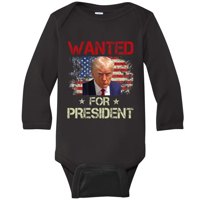 Wanted Donald Trump For President 2024 Usa Flag Vintage Baby Long Sleeve Bodysuit