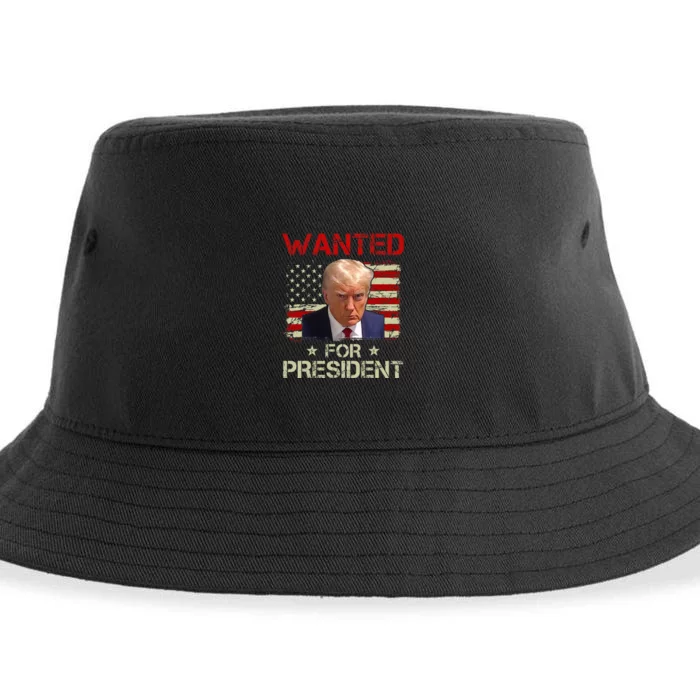 Wanted Donald Trump For President 2024 USA Flag Vintage Sustainable Bucket Hat